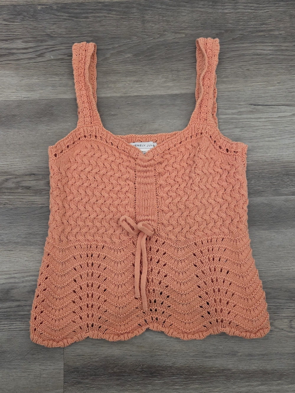 Sincerly Jules Peach Knit Crochet Tank Top Tie Front Scallop Boho Sz S